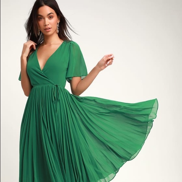 PLEATS TO MEET YOU GREEN PLEATED MIDI WRAP DRESS - Picture 1 of 4